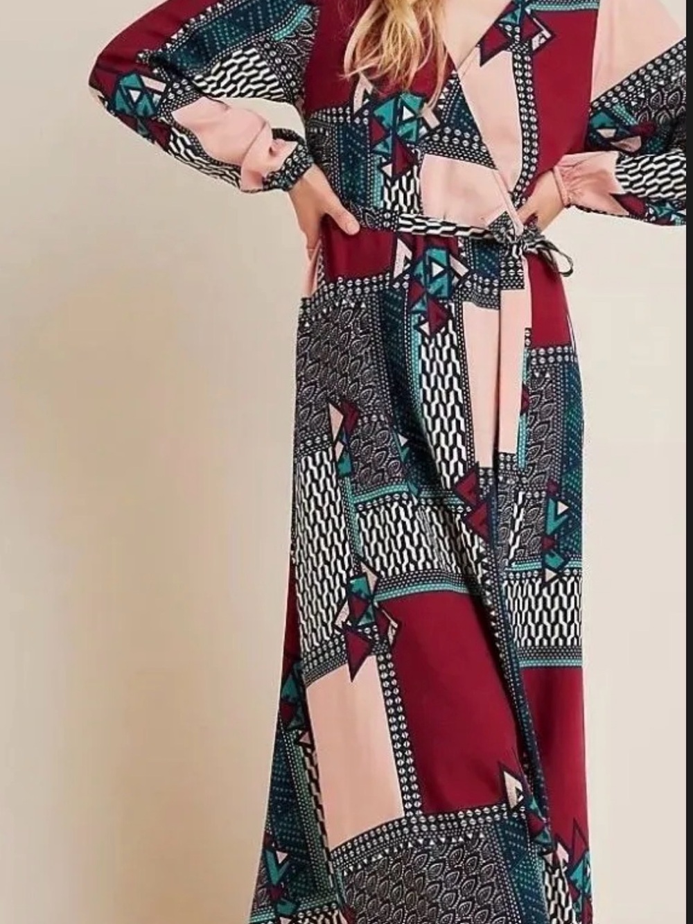 Geometric Wrap Maxi Dress in Burgundy and Blush